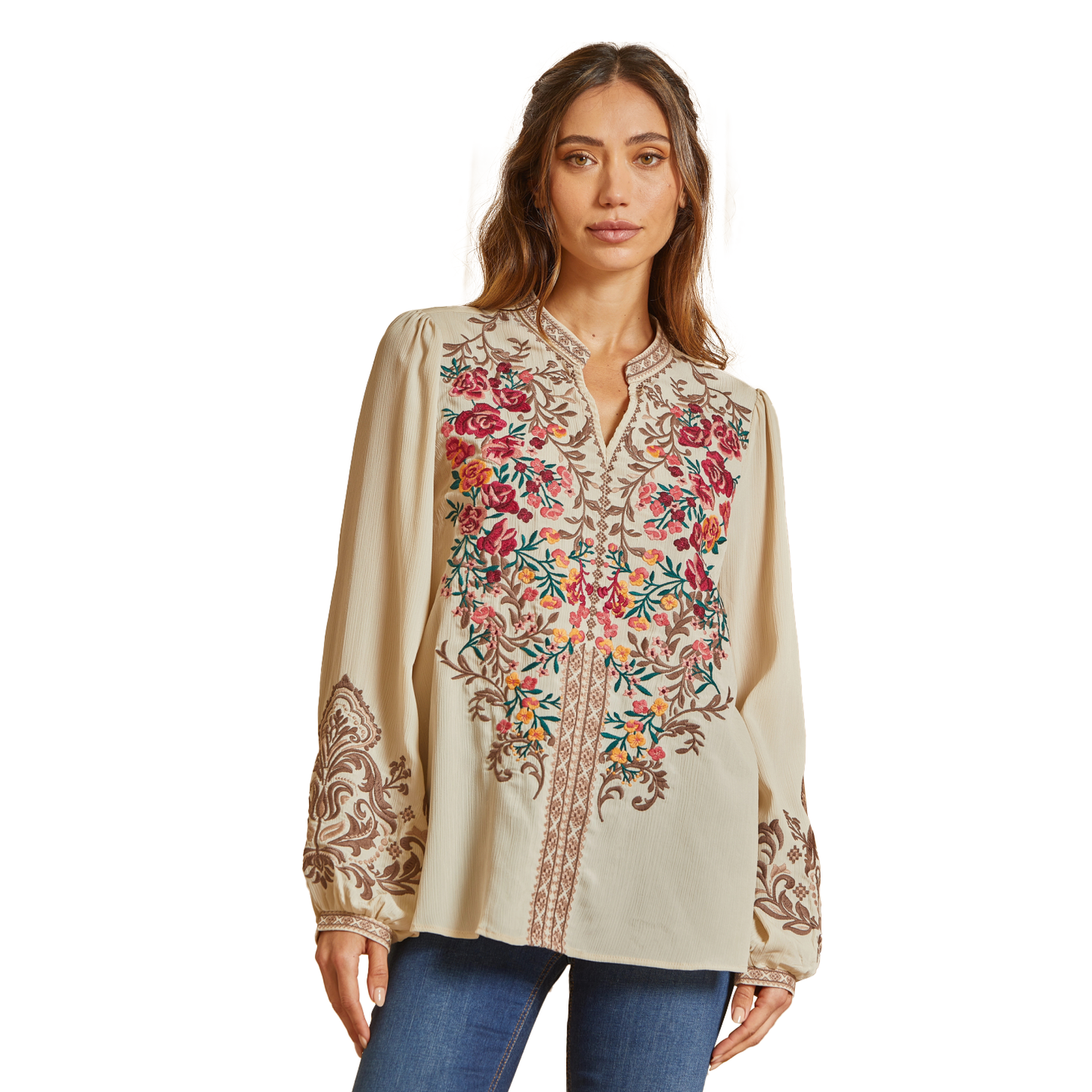 Maureen Embroidered Long Sleeve Tunic - Taupe