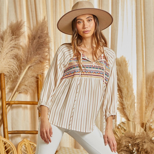 Melissa Relaxed Fit Embroidered Stripe Shirt - Camel