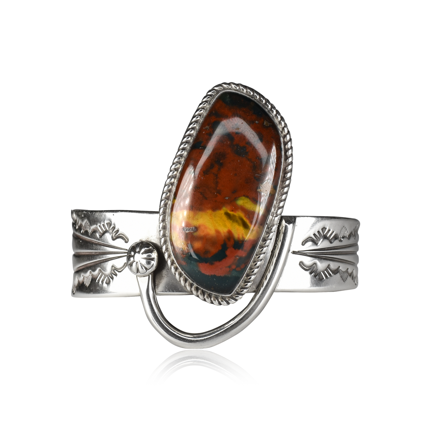 Montana Agate Stirrup Stamped Tapered Cuff by Delbert Secatero