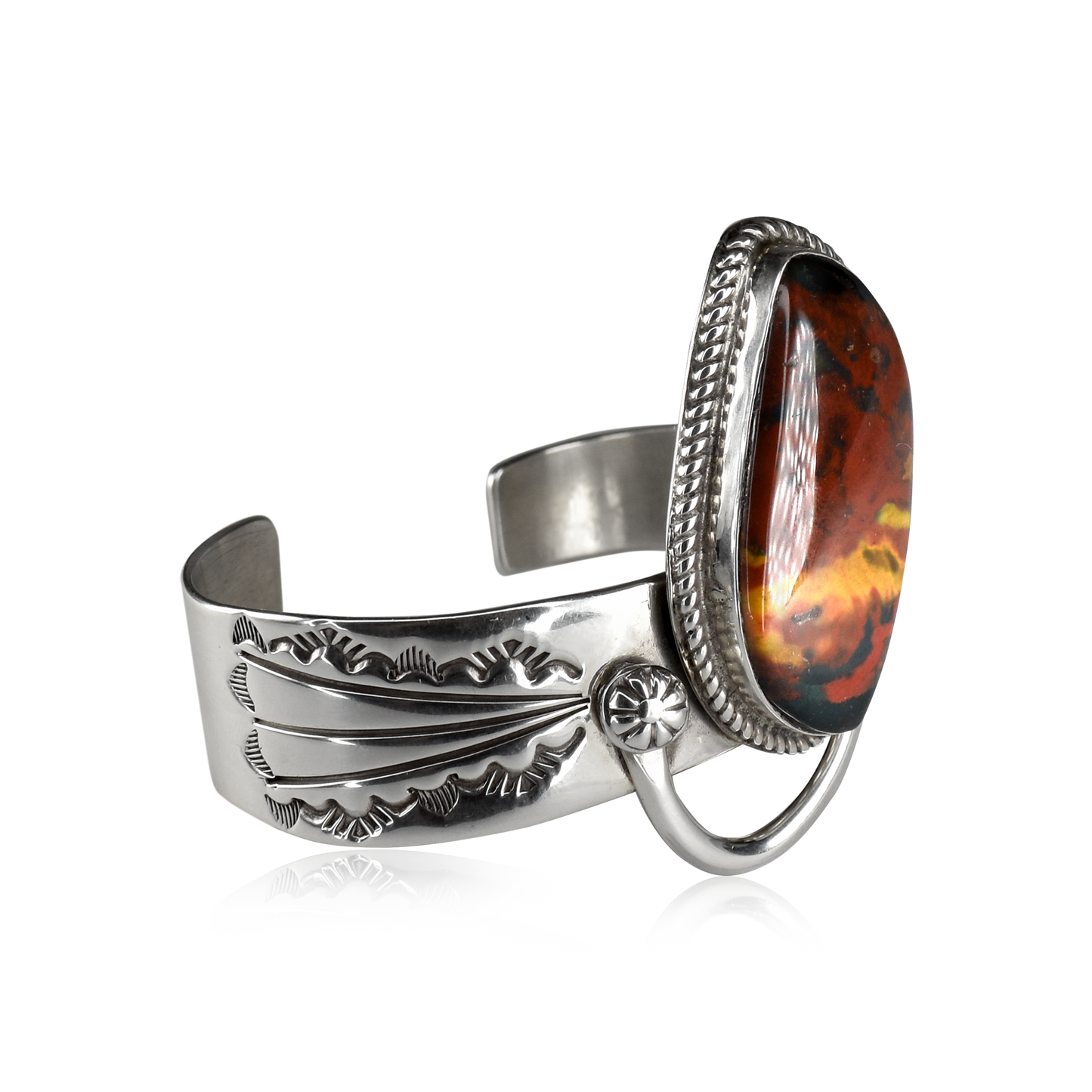 Montana Agate Stirrup Stamped Tapered Cuff by Delbert Secatero