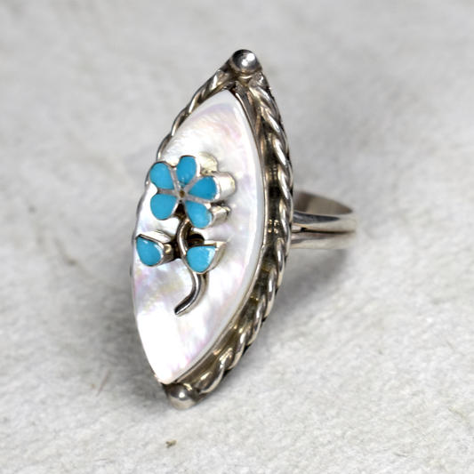 Mother of Pearl Marquise Ring with Sleeping Beauty Turquoise Flower by Dawn Lucas