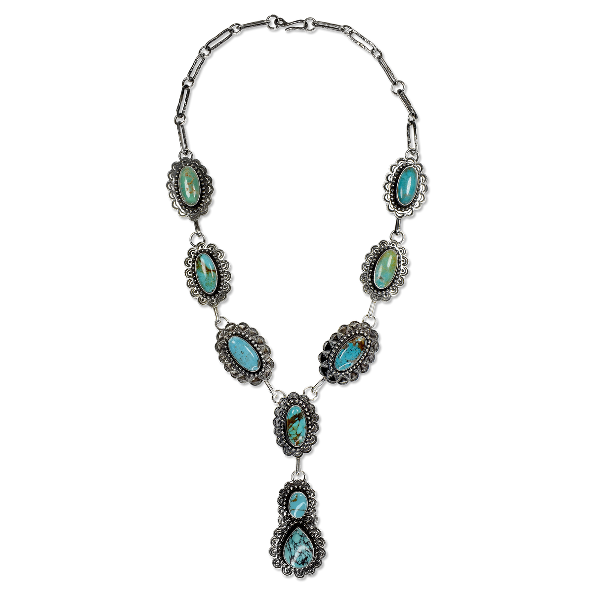 Oval Kingman and Royston Turquoise Scalloped Edge Lariat Necklace by Teller Indian Jewelry