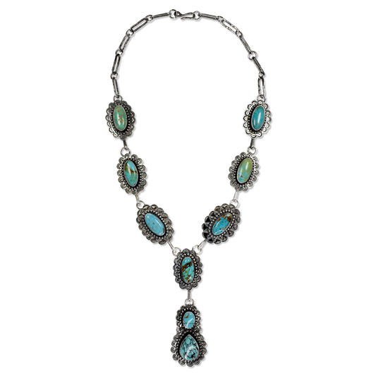 Oval Kingman and Royston Turquoise Scalloped Edge Lariat Necklace by Teller Indian Jewelry