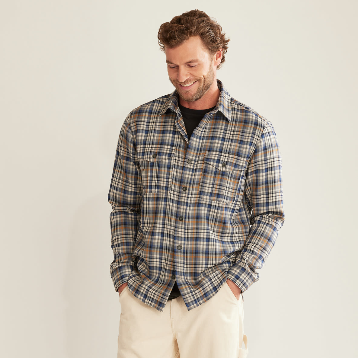 Pendleton Men's Harrison Merino Shirt- Navy/Grey Plaid