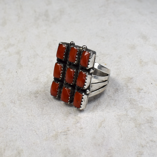 Rectangular Nine Stone Noble Coral Ring by Shirley Henry