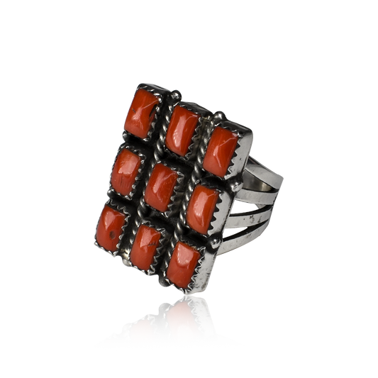Rectangular Nine Stone Noble Coral Ring by Shirley Henry