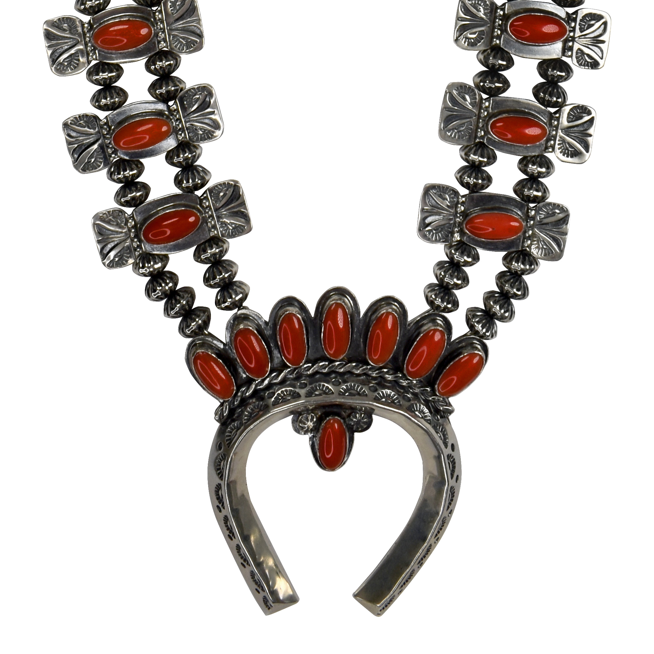 Native American Sterling & Coral Squash Blossom Necklace - Ruby Lane