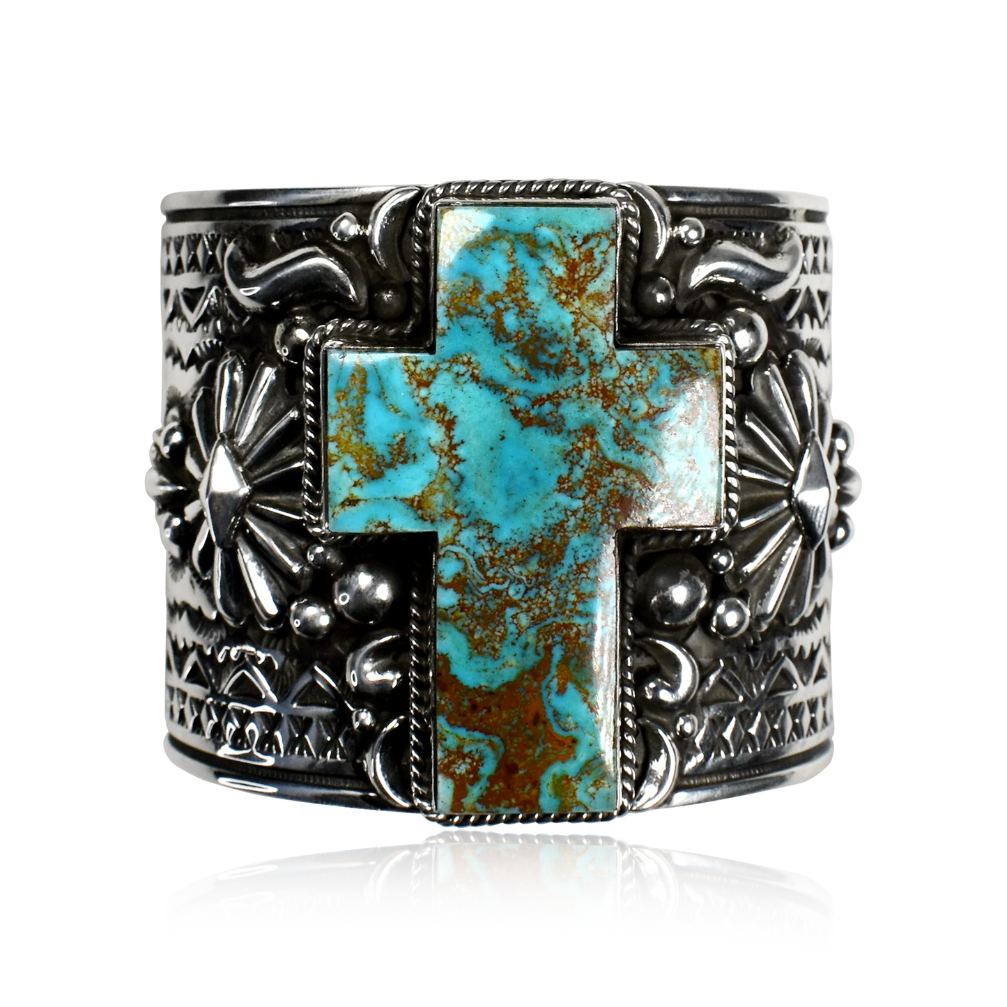 Royston Turquoise Cross Tooled and Stamped Silver Cuff by Albert Jake