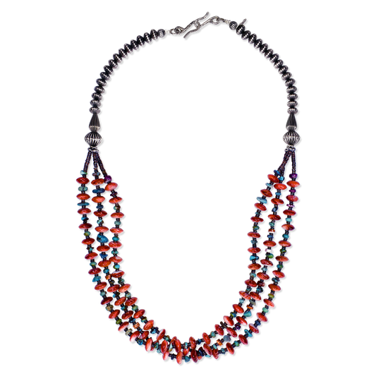 Spiny Oyster, Turquoise & Heishi Bead Necklace with Sterling Pillow Beads by Teller Indian Jewelry