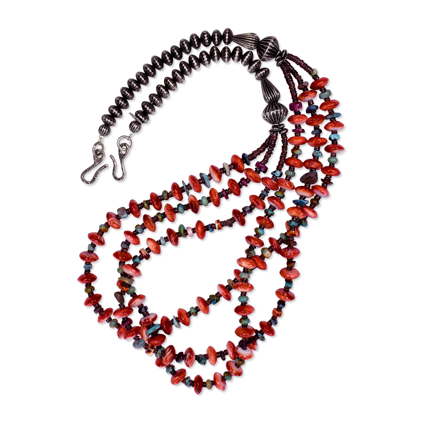 Spiny Oyster, Turquoise & Heishi Bead Necklace with Sterling Pillow Beads by Teller Indian Jewelry