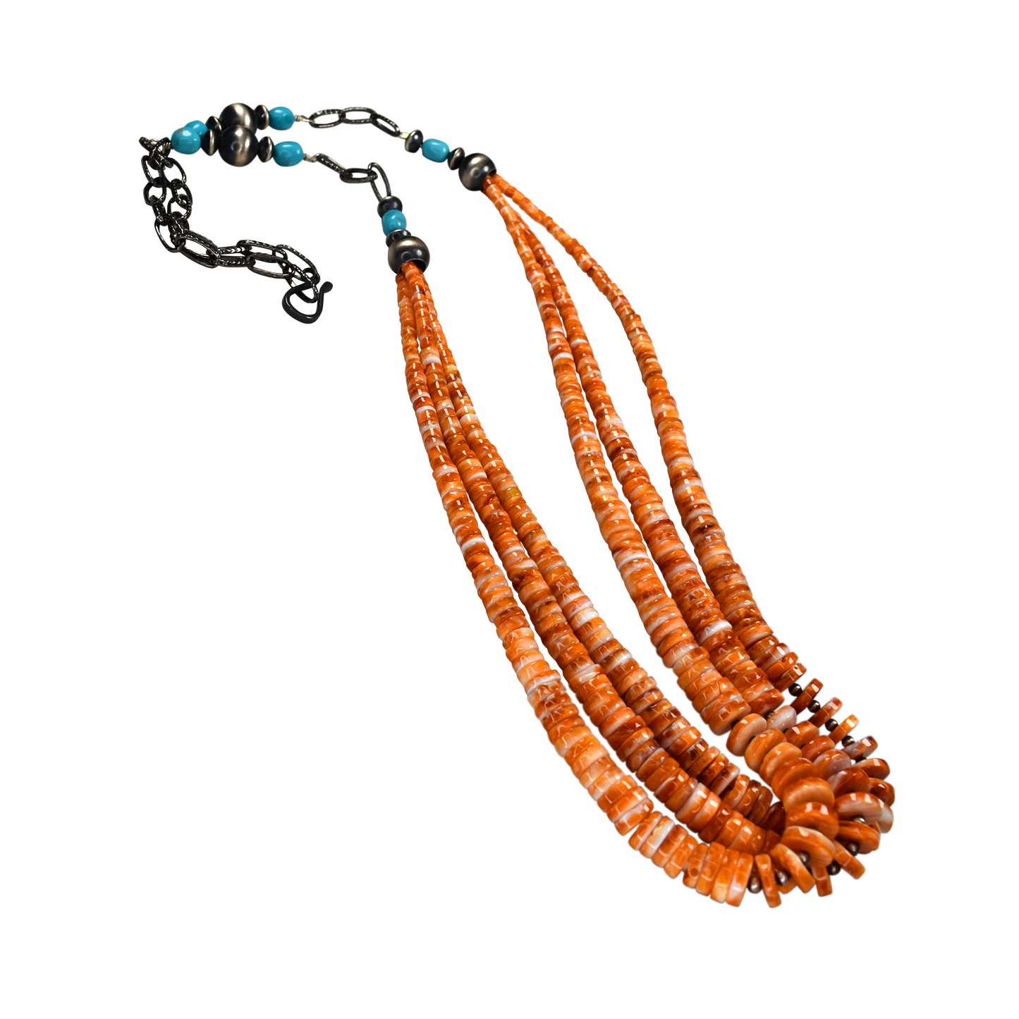 Zia Mountain Three Strand Spiny Oyster Necklace with Sleeping Beauty Turquoise and Pillow Bead Chain