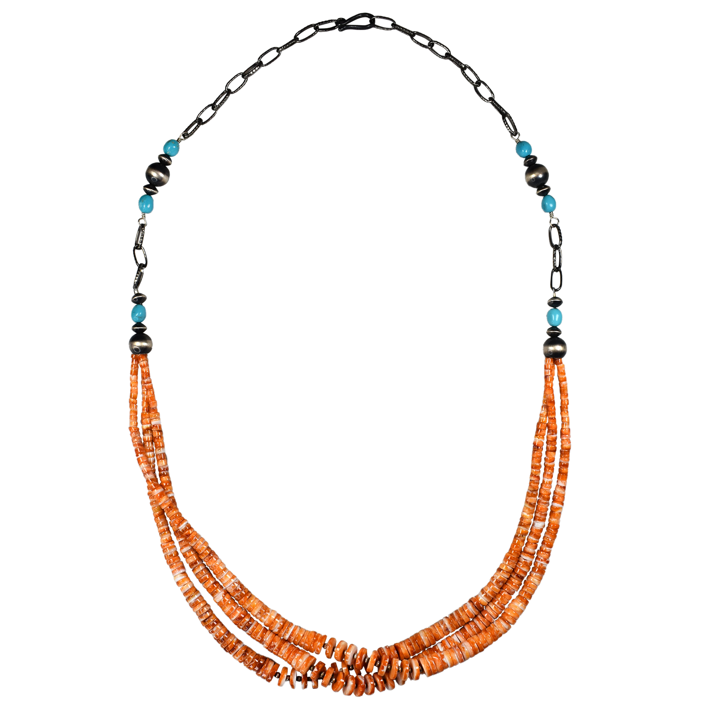 Zia Mountain Three Strand Spiny Oyster Necklace with Sleeping Beauty Turquoise and Pillow Bead Chain
