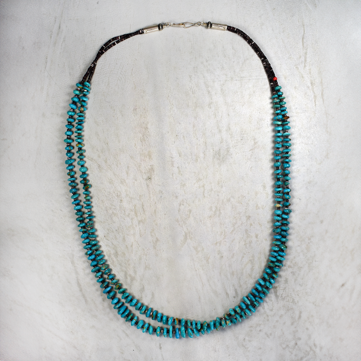 Two-Strand Turquoise Nugget & Heishi Shell Necklace with Stamped Silver by Teller Indian Jewelry