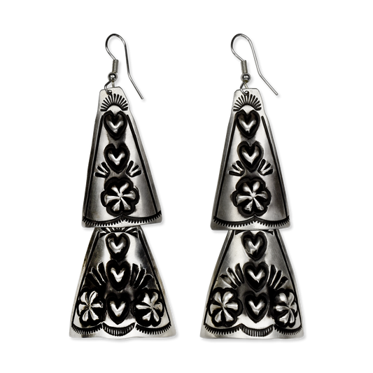Two Tier Triangular Articulated Repoussé Heart & Flower Dangles by Leander Tahe