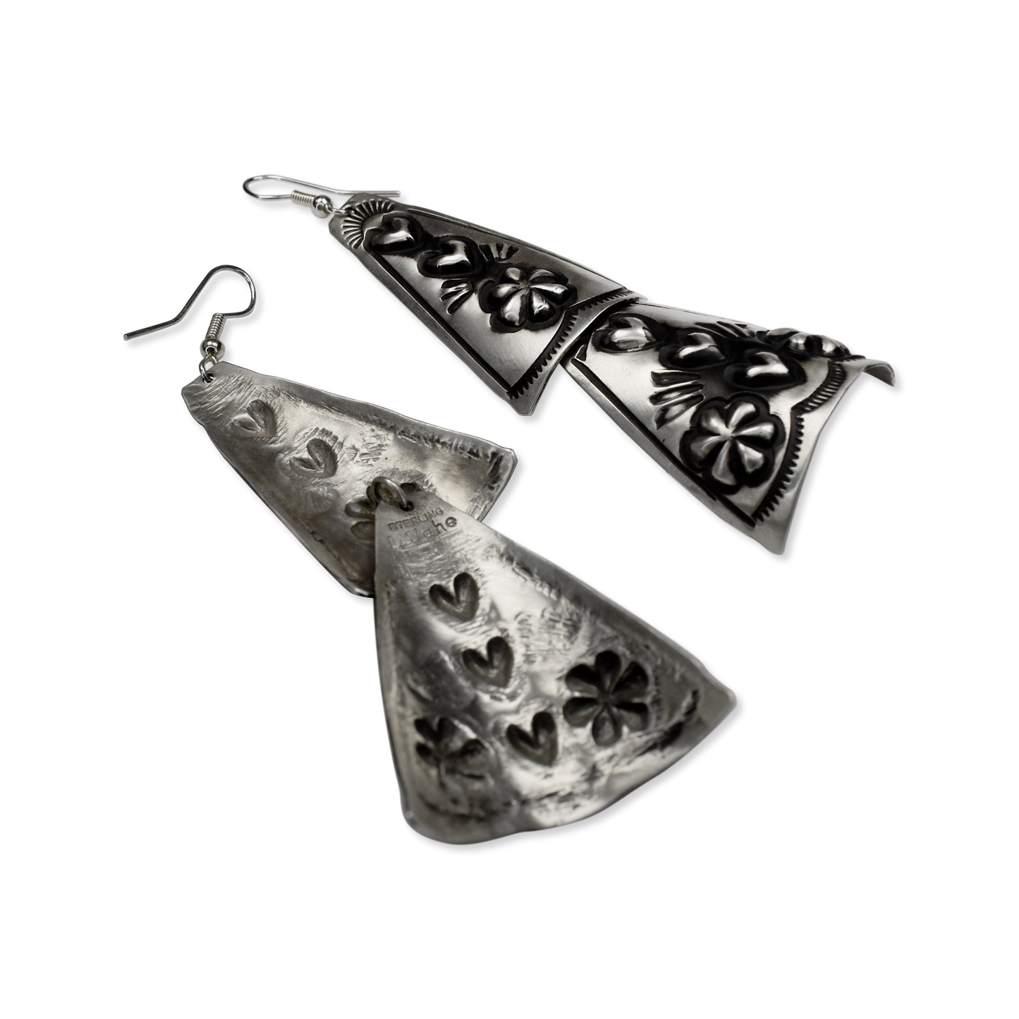 Two Tier Triangular Articulated Repoussé Heart & Flower Dangles by Leander Tahe