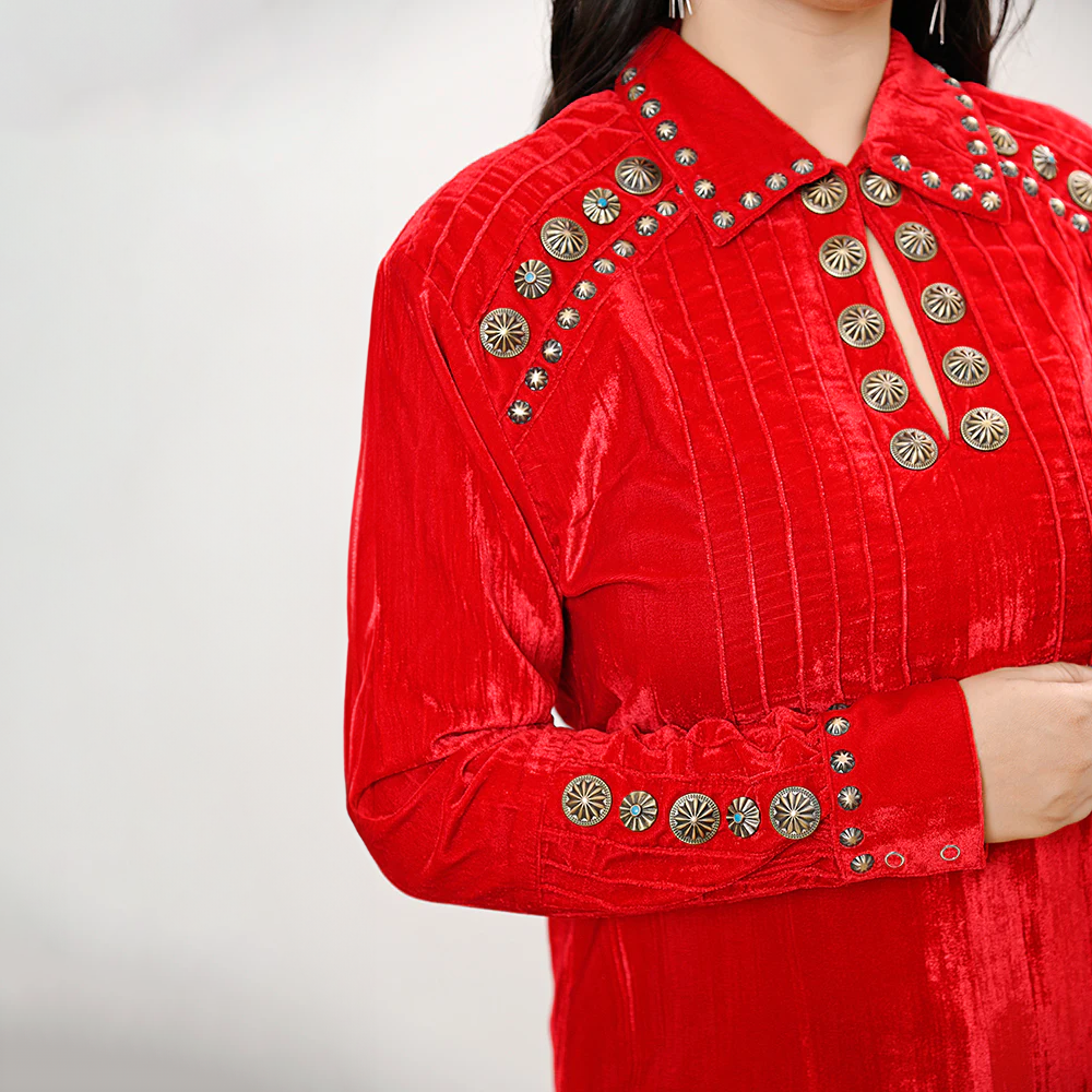 Women's Long Sleeve Studded Tunic - Red