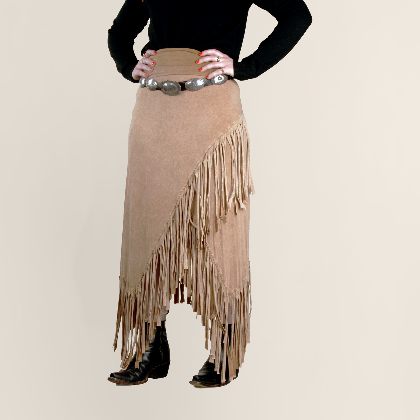 Rhonda Stark Asymmetrical Fringe Knit Skirt - Camel