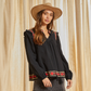 Veronica Ruffle Shoulder Embroidered Long-Sleeved Top - Black