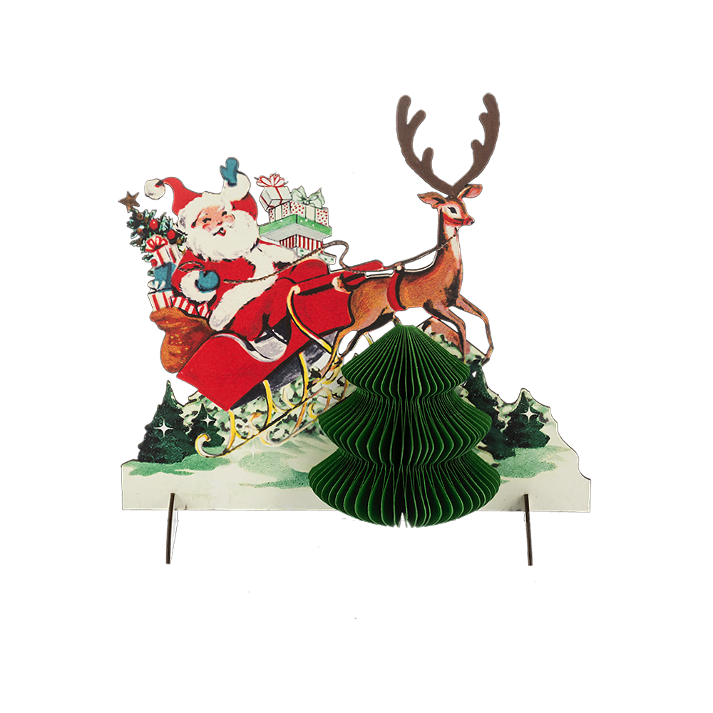 Vintage Paper Santa in Sleigh with Honeycomb Tree Figurine