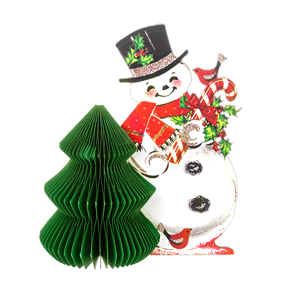 Vintage Paper Snowman with Honeycomb Tree Figurine
