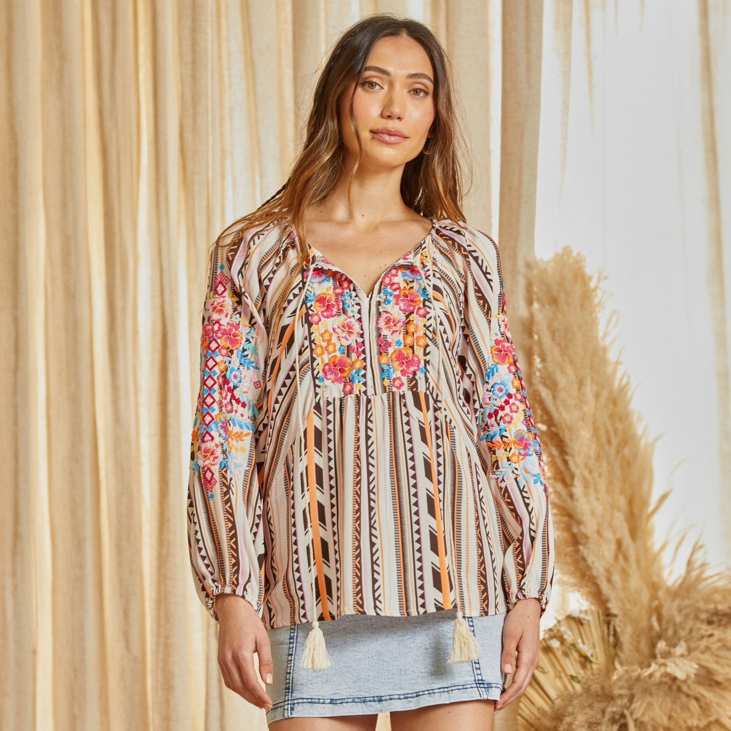 Vivian Embroidered Long-Sleeved Top with Tassels