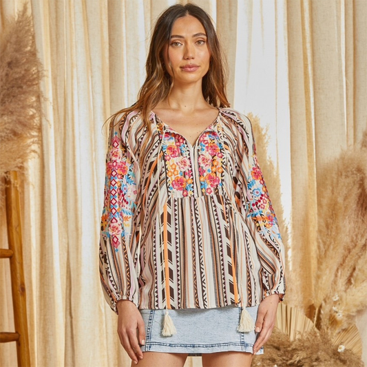 Vivian Embroidered Long-Sleeved Top with Tassels