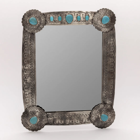Large Stamped Vanity Mirror with Turquoise by J. Alexander Rustic Silver