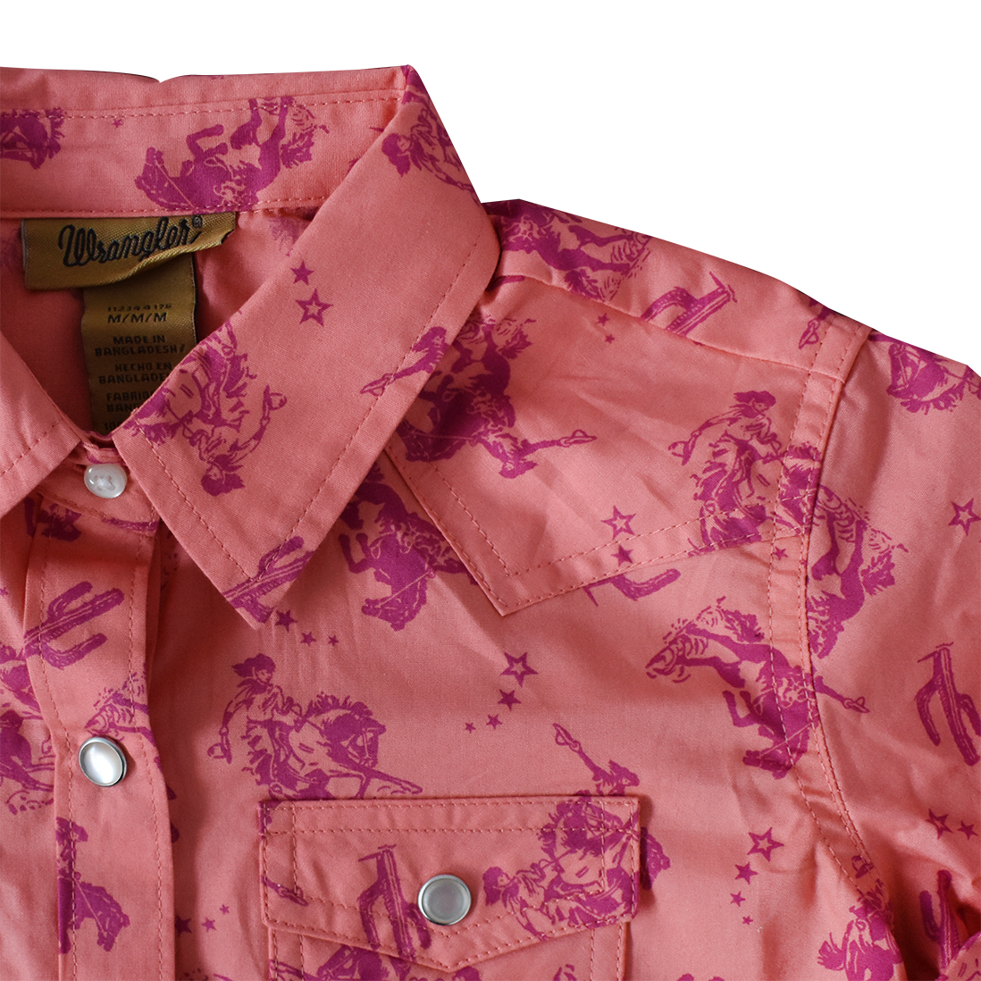 Wrangler Girls' Cowgirl Print Coral Long-Sleeved Snap Shirt