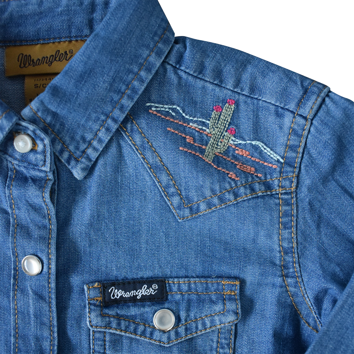 Wrangler Girls' Western Denim Long-Sleeved Embroidered Snap Shirt
