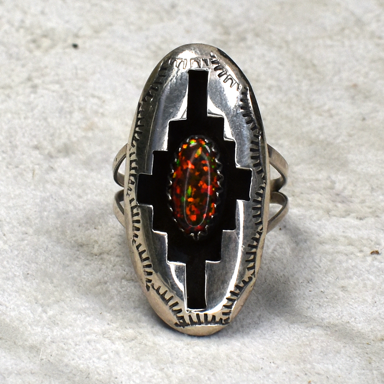 Crimson Opal Oval Stamped Shadowbox Ring