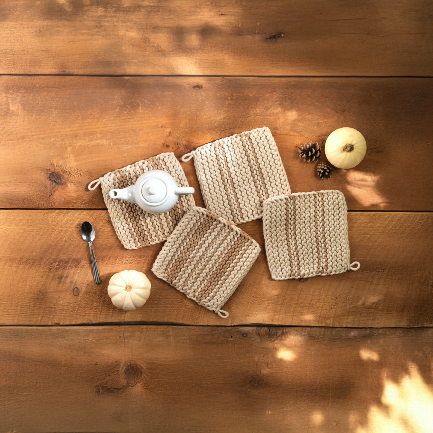 Tan Stripe Cotton Crochet Pot Holder, Set of 4