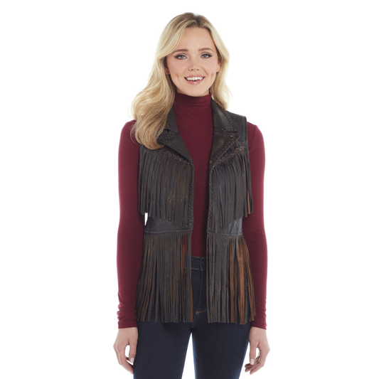 Cripple Creek Hand-Laced & Hand-Sanded Lamb Nappa Open Front Fringe Vest - Antique Chocolate
