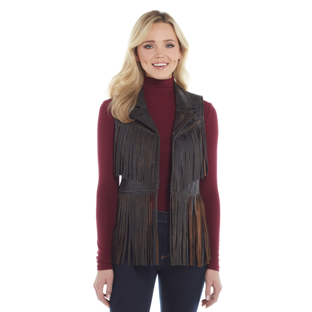 Cripple Creek Hand-Laced & Hand-Sanded Lamb Nappa Open Front Fringe Vest - Antique Chocolate