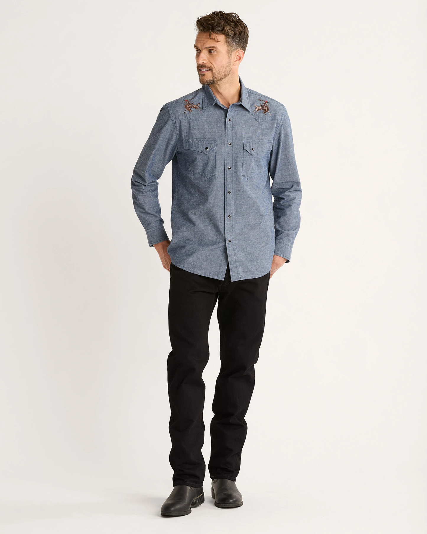 Pendleton Men's Rodeo Embroidered Chambray Gambler Shirt - Dark Blue/Rodeo