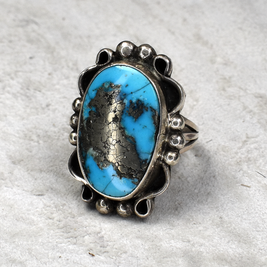 Natural Morenci Turquoise Oval Ring with Scrolled Tooling by Brenda Jiminez