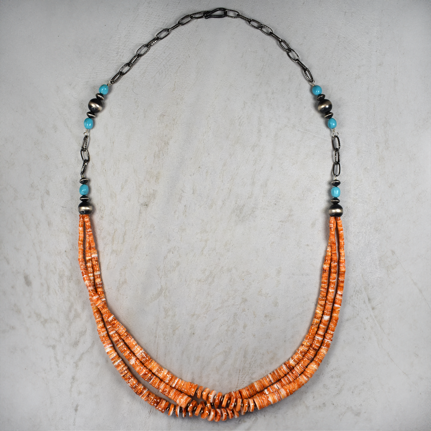 Zia Mountain Three Strand Spiny Oyster Necklace with Sleeping Beauty Turquoise and Pillow Bead Chain