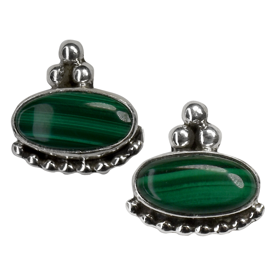 Oval Malachite Stud Earrings with Silver Beads by Ruth Ann Begay