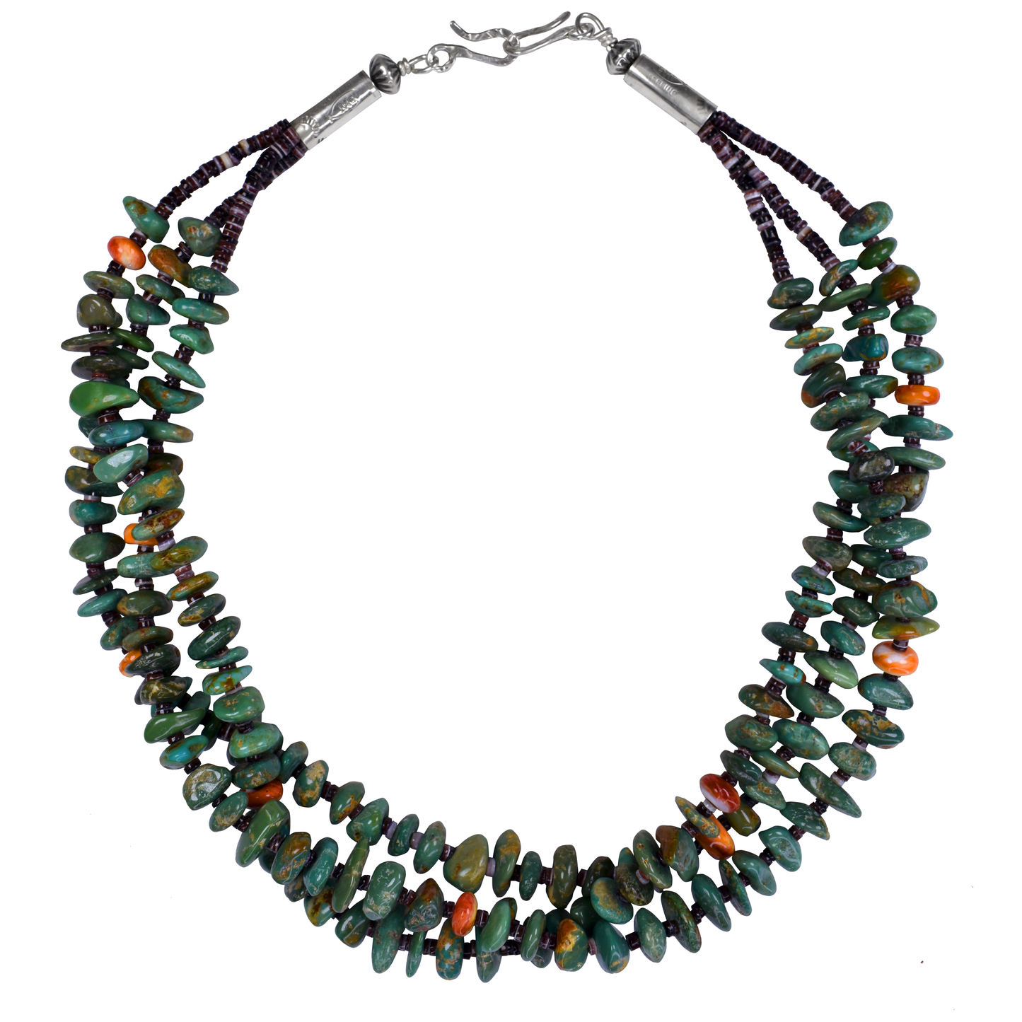 Three Strand Fox Turquoise & Spiny Oyster Necklace by Teller Indian Jewelry