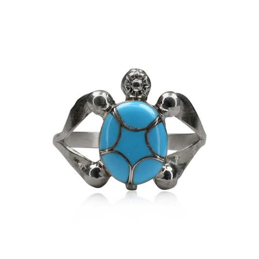 Sleeping Beauty Turquoise Stamped Turtle Double Pronged Ring