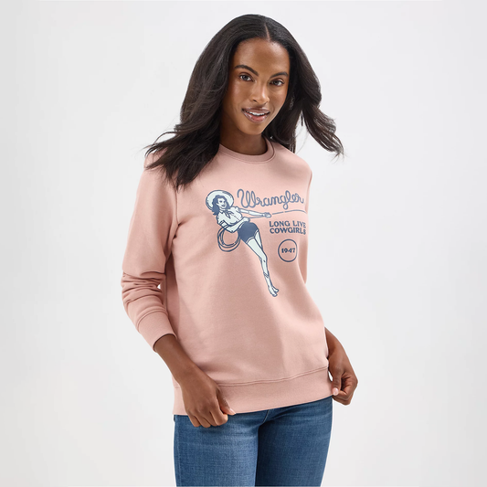 Wrangler Women's Long Live Cowgirls Crewneck Pullover - Misty Rose