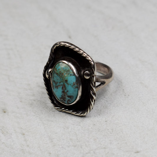 Vintage Sleeping Beauty Turquoise Oval Ring in Raised Asymmetrical Rope Setting