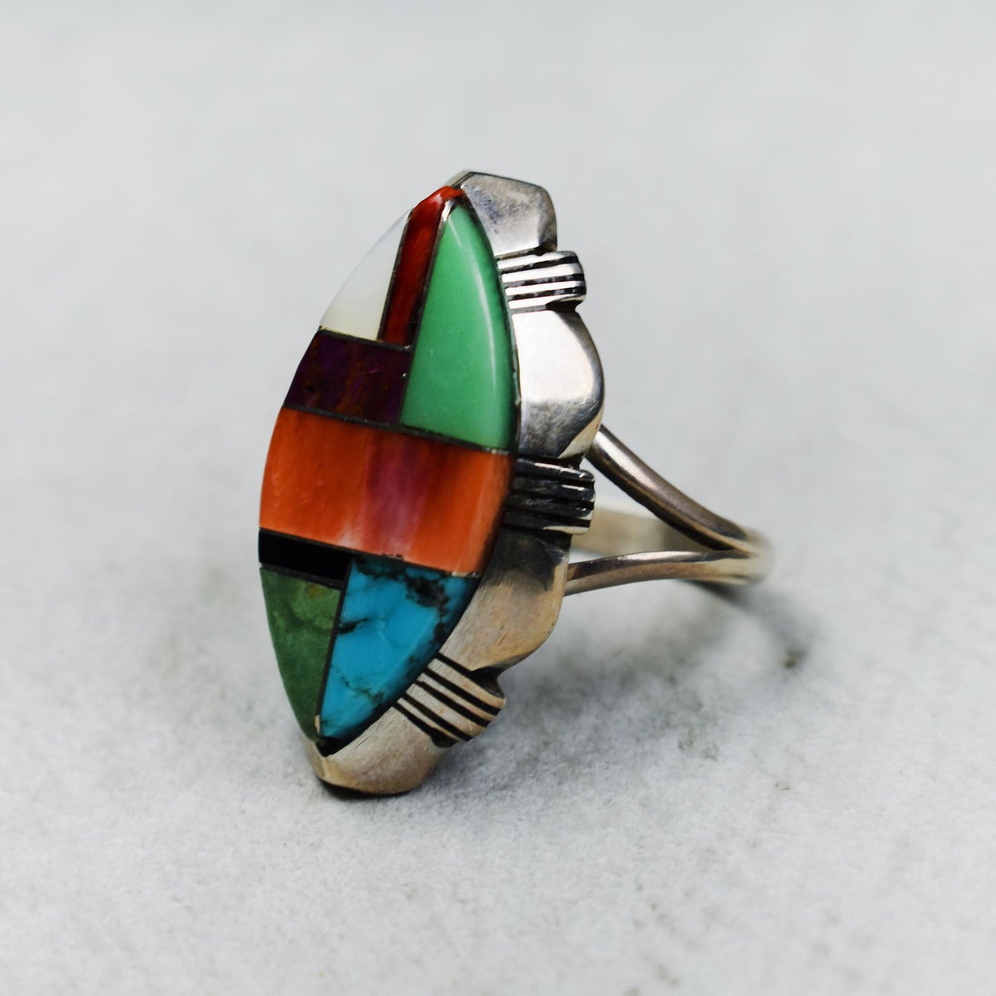 Multi-Stone Channel Inlay Marquise Ring with Etched Border