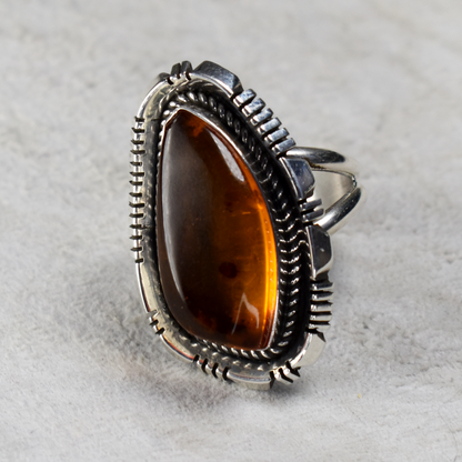 Asymmetrical Amber Ring with Hand-Etched Border by Glenn & Irene Sandoval
