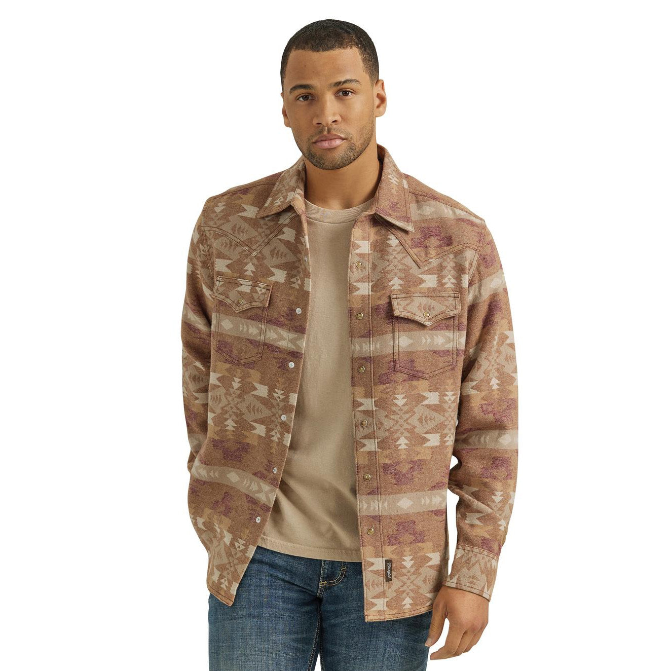 Wrangler Men's Retro Southwestern Print Long Sleeve Shacket - Beige/Rust