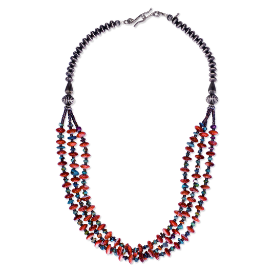 Spiny Oyster, Turquoise & Heishi Bead Necklace with Sterling Pillow Beads by Teller Indian Jewelry