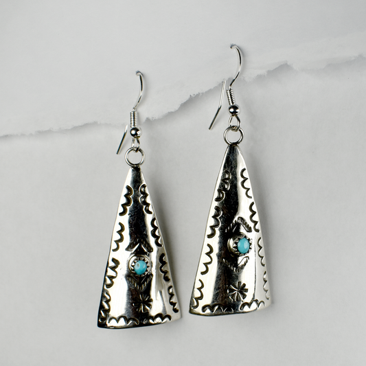 Hand Stamped Triangular Sand Cast Earrings with Sleeping Beauty Turquoise Inlay by Pauline Nelson