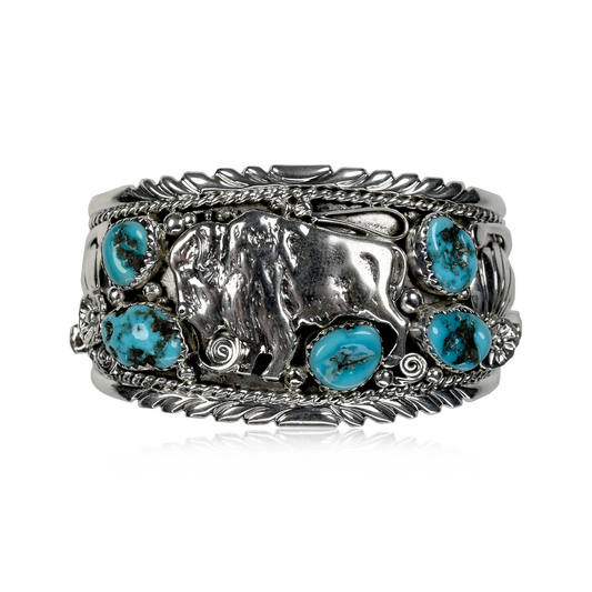 Bison Sterling Silver Hand-Tooled Cuff with Sleeping Beauty Turquoise and Noble Coral
