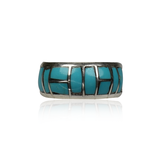 Ten Panel Sleeping Beauty Turquoise Channel Inlay Ring by Gloria Chattin