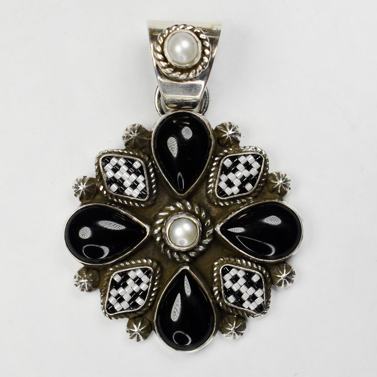 Pearl & Onyx Beadwork Cluster Pendant by Reklaw Silver