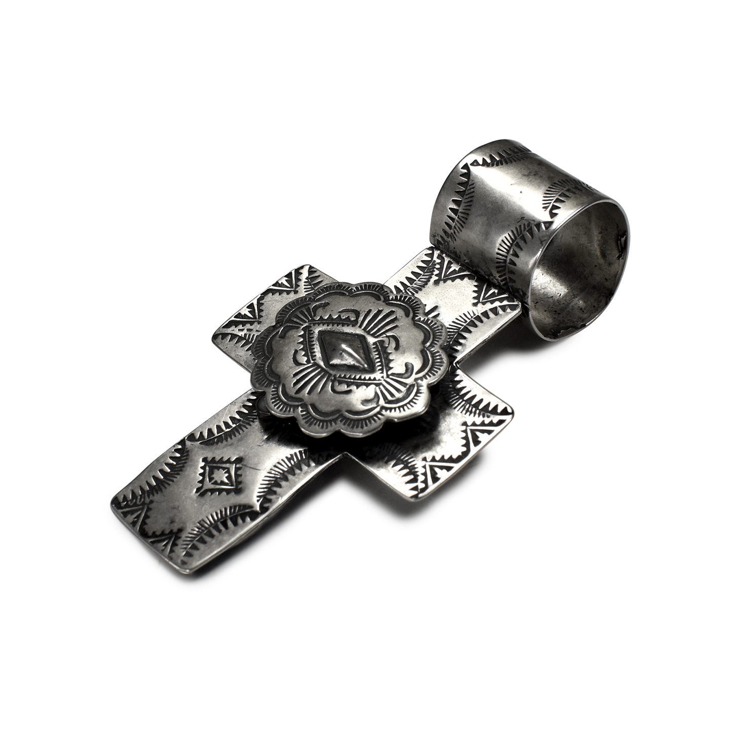 Southwestern Stamped Rattle Concho Cross Pendant by Rocki Gorman